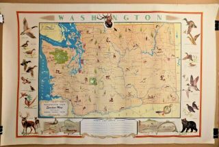 Illustrated Litho Washington State Sportour Map Roberts Art 1947 Hunting Fishing