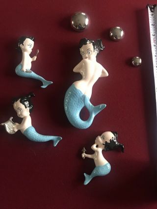 7 Pc Set Vintage Mermaid Mom Babies Ceramic Wall Decor Plaque Bubbles