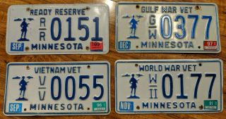 Minnesota License Plate Set 4 Military Veteran Ww2,  Vietnam,  Gulf War,  Ready Res