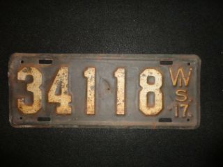 1917 Wisconsin License Plate No.  (34118) 12 - 1/4 " X 4 - 3/4 "