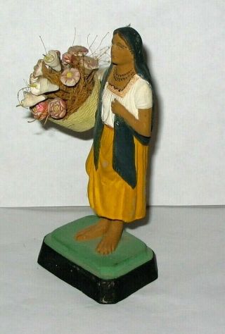 Vintage Mexican Ceramic 1940s Flower Girl Clay Pottery Folk Art Figure 5 " Tall