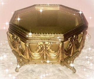 Antique French Gilt Footed Jewelry Casket Trinket Dresser Box Beveled Glass Huge