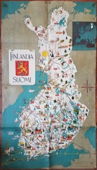1949 Vintage Finland Suomi Pictorial Poster Map W Illustrations