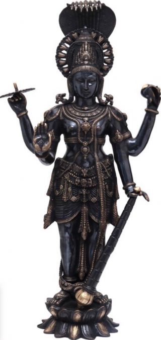 Master Fine Statue Vishnu Standing On Lotus 40”black Gold Large Brass Hindu 31kg
