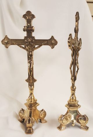 Double Sided Standing Crucifix,  Shiny Brass,  13 Inches