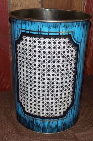 Vintage Metal Waste Basket Trash Can Faux Wicker Rattan Turquoise Mid Century