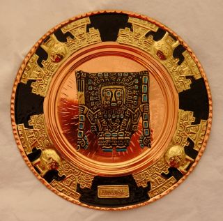 Pre Colombian Copper & Brass Tone Embossed Artwork On Colombia Wall Plate 9.  25 "