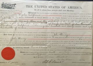 1898 President Grover Cleveland Signed Land Deed Title Grant Los Angeles Ca