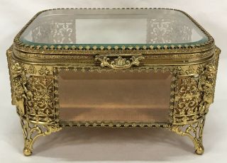 Vintage Brass & Beveled Glass Casket Trinket Jewelry Box With Cherubs