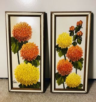 Vintage Chrysanthemum Floral Paintings Set Flowers Midcentury Art Wall Decor Mcm