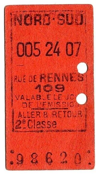 Railway Ticket: France: Paris Nord - Sud: Rue De Rennes,  Aller & Retour