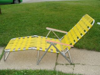 Vintage Aluminum Chaise Lounge Reclining Folding Lawn Chair Yellow Webbing