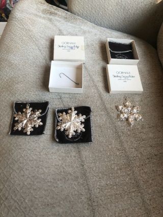 3 Gorham Sterling Silver Snowflake Ornaments With Boxes And Sleeves 1973 & 1975