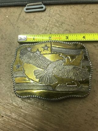 Vintage Crumrine Heavy Silver Plate On Jewelers’ Bronze Eagle Flag Belt Buckle