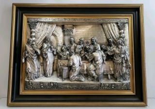 Antique Jesus & Disciples Last Supper 3 - D Metal Relief Religious Wall Sculpture
