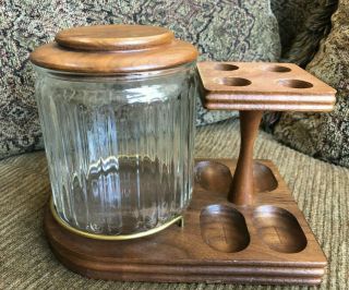 Vintage Walnut Tobacco Smoking Pipe Holder For 4 Pipes With Humidor