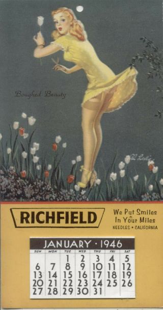 1946 Pin Up Calendar - Richfield Gasoline - Pretty Girl Picking Tulips
