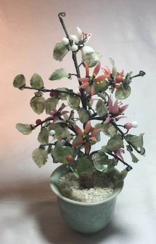 Vintage Chinese Asian Jade Green Pink,  White Glass Flower Tree Celadon Pot