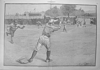 Baseball " Thrown Out At Second Base " Fine Baseball Report 1887 Harper 