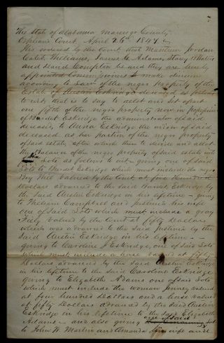 1847 Marengo County,  Alabama - Court Order For Division Of Slaves In An Estate
