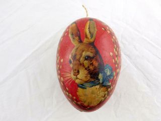 Vintage Easter Egg Paper Mache Candy Container Red Rabbit With Bow Good Cond