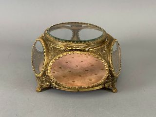 Vintage Matson Type Ormolu Filigree Beveled Glass Vanity Jewelry Box Casket