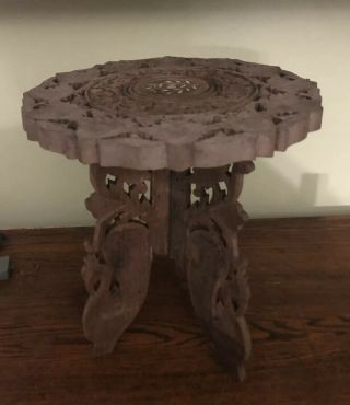 Vintage Hand Carved Wood Plant Stand Table Made In India Folding