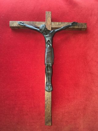 Jean Lambert Rucki Crucifix Bronze Corpus Burl Wood Cross Marked Cheret Paris