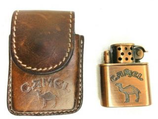 Vtg Camel Copper Cigarette Lighter With Leather Belt Holder