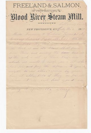 Blood River Steam Mill - Providence Kentucky,  1887 Letterhead,  Letter
