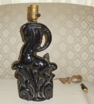 Mid Century Black Gloss Ceramic Table Lamp Antelope Gazelle Ibex 15 " Retro Mcm
