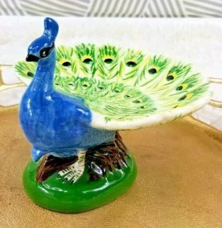 Vtg Holland Mold Ceramic Peacock Bird Hand Painted Decorative Dish Green Blue