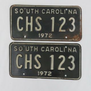 Vintage Pair 2 Matching 1972 South Carolina License Plates Chs 123 Black White