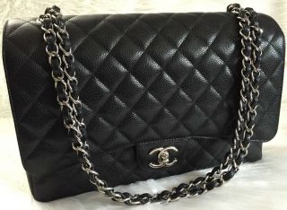 Authentic Chanel Black Caviar Maxi Classic Handbag Double Flap Bag Silver H/w