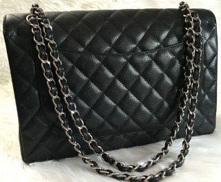 Authentic Chanel Black Caviar Maxi Classic Handbag Double Flap Bag Silver h/w 2