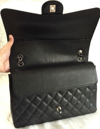 Authentic Chanel Black Caviar Maxi Classic Handbag Double Flap Bag Silver h/w 3