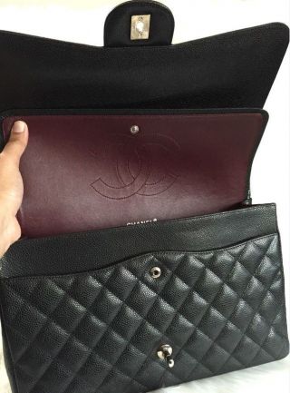 Authentic Chanel Black Caviar Maxi Classic Handbag Double Flap Bag Silver h/w 4