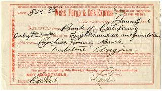 Wells Fargo 1886 Receipt For Bag Of $805 Silver Coin Tombstone Arizona Territory