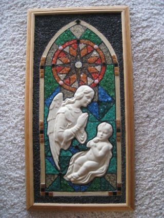 VTG MID CENTURY MODERN RETRO GRAVEL PEBBLE WALL ART Church Window Angel Jesus 5