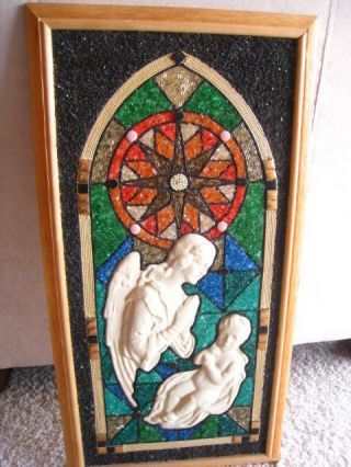VTG MID CENTURY MODERN RETRO GRAVEL PEBBLE WALL ART Church Window Angel Jesus 6