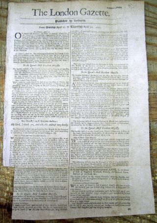 1792 London Gazette Newspaper Death Of King William Iii - Queen Anne Is Coronated