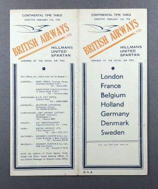British Airways Hillmans Spartan United Airline Timetable February 1936