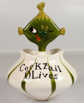 Rare Vtg 1958 Holt Howard Pixieware Ceramic Green Cocktail Olives Jar And Spoon