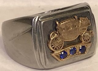 Vintage Ring Mans Fisher Auto Body Long Service 10kt Gold Steel Blue Stones 10.  5