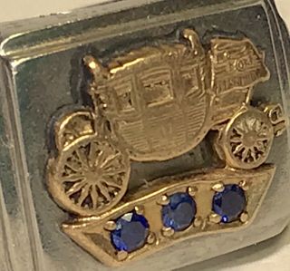 Vintage Ring Mans Fisher Auto Body Long Service 10KT Gold Steel Blue Stones 10.  5 2