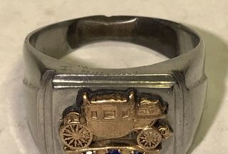 Vintage Ring Mans Fisher Auto Body Long Service 10KT Gold Steel Blue Stones 10.  5 3
