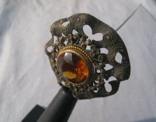 Antique Victorian Gilt Brass Faceted Amber Colored Glass Hatpin
