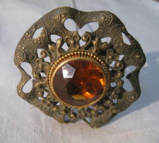 Antique Victorian Gilt Brass Faceted Amber Colored Glass Hatpin 2