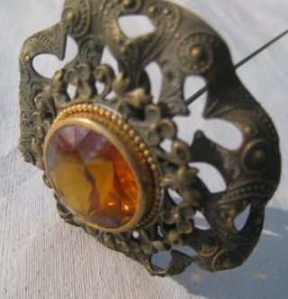 Antique Victorian Gilt Brass Faceted Amber Colored Glass Hatpin 5