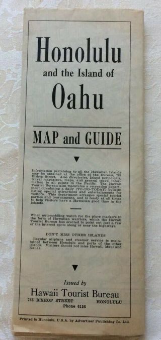 Vtg 1932 Folding Travel Map,  Island Of Oahu/honolulu,  Hawaii Tourist Bureau